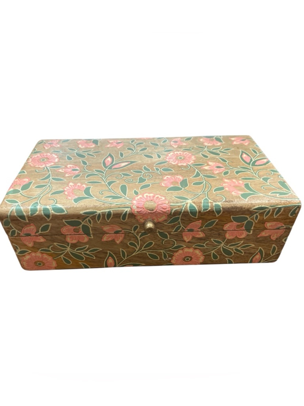 Hand Painted Medium Wooden Floral Storage Box Pink Floral Boho India Crafted NWT